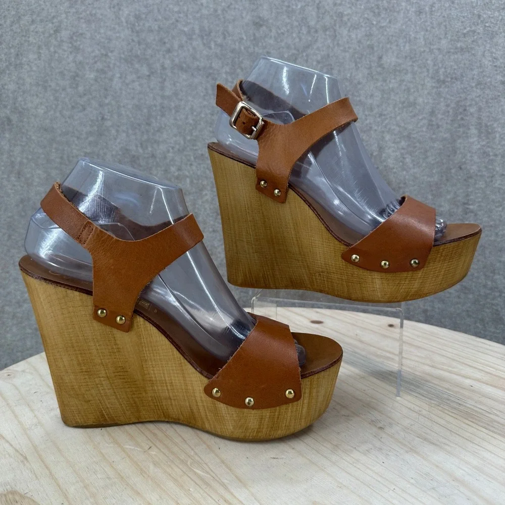 Seychelles Ciao Wedge Sandals Womens 8.5 Brown Leather Wood Platform Studded